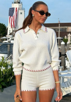 Women Knitting Turndown Collar Long-Sleeved Top and Shorts Two-Piece Set