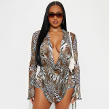 Women Fall Gradient Leopard Print Long-Sleeved Backless Top and Shorts Two-Piece Set