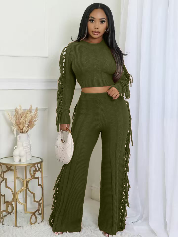 Women Casual Solid Knitting Long-Sleeved Tassel Top and Pant Two-Piece Set