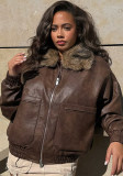 Women American-Style Fur Collar Patchwork Zippered Brown Pu-Leather Pocket Jacket
