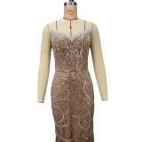 Women Bandage Beaded Fishtail Formal Party Maxi Evening Dress
