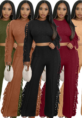 Women Casual Solid Knitting Long-Sleeved Tassel Top and Pant Two-Piece Set