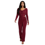 Women Fall Solid Casual Long-Sleeved Top and Pants Two-Piece Set