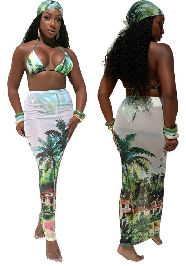 Women Sexy Beach Print Bikini Swimsuit Two-Piece Set