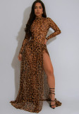 Women Sexy Leopard Print See-Through Bodysuit and Slit Skirt Two-Piece Set