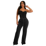 Women Sexy Cotton Washed Strapless Top and Pant Two-Piece Set