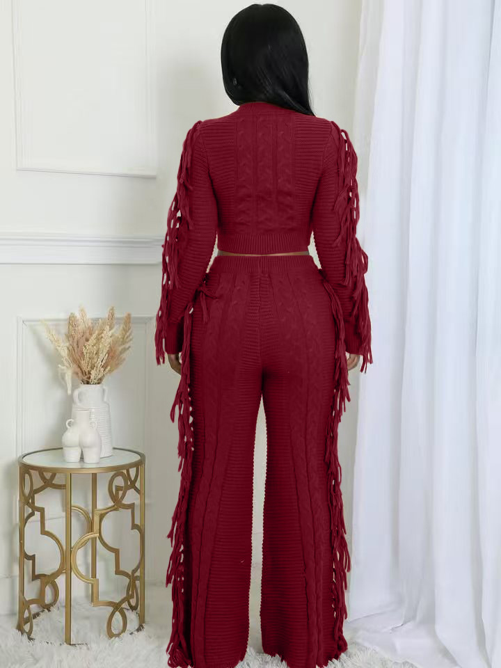 Women Casual Solid Knitting Long-Sleeved Tassel Top and Pant Two-Piece Set