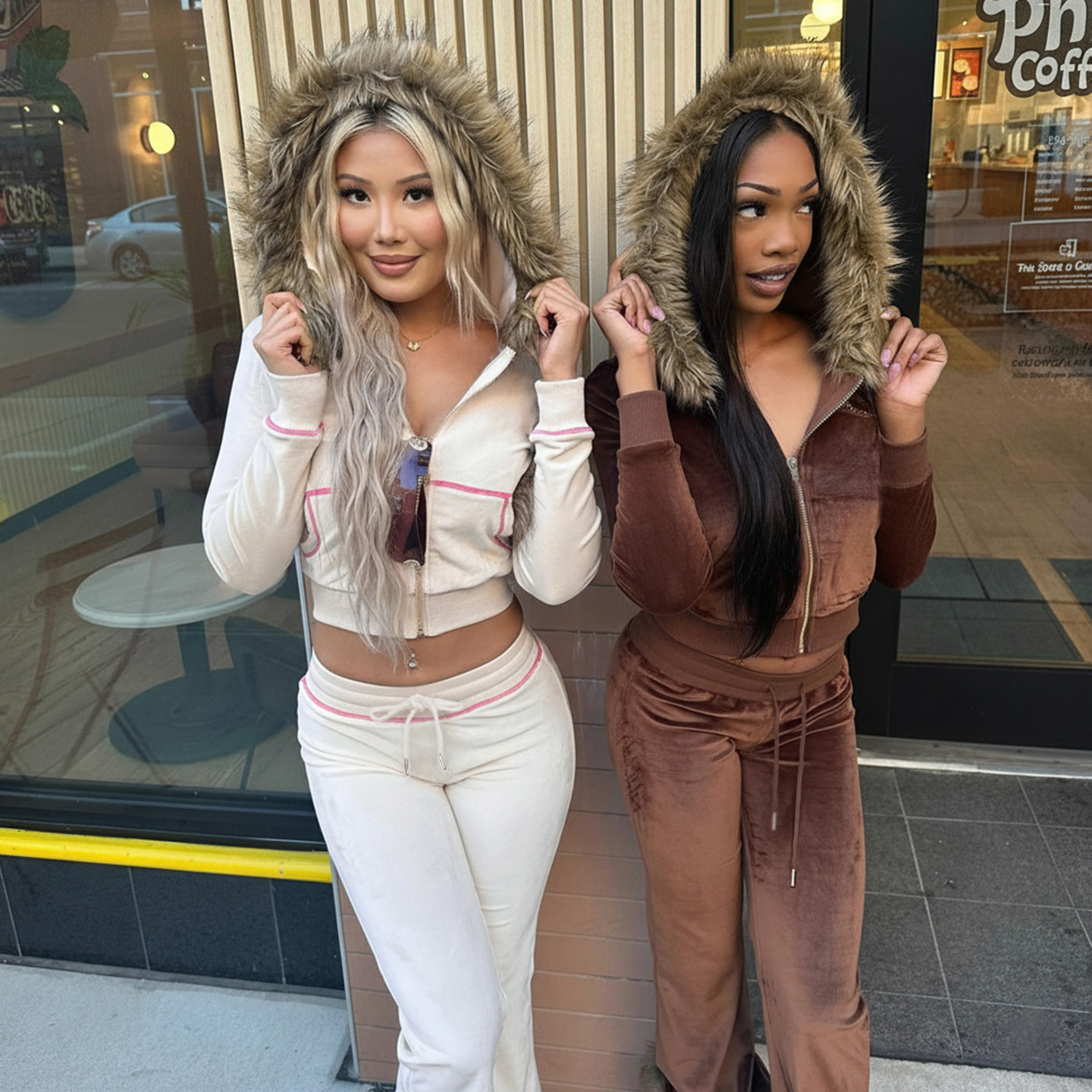 Women American-Style Fall/Winter Sport Velvet Letter Print Fur Collar Hooded Long-Sleeved Jacket and Pants Two-Piece Set