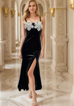 Women Black Velvet Floral Sequin Maxi Dress Women Black Velvet Floral Sequin Maxi Dress