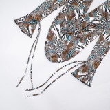Women Fall Gradient Leopard Print Long-Sleeved Backless Top and Shorts Two-Piece Set