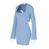 Women Autumn Long Sleeve Cape Strapless Sexy Strapless Top and Bodycon Dress Two-Piece Set