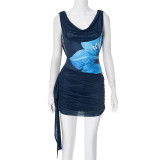 Women Sexy Backless Swing Neck Printed Side Ribbon Bodycon Dress