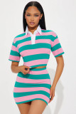 Women Autumn Contrast Striped Shirt Collar Crop Top and Skirt Two-Piece Set