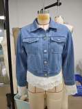 Women's Non-Stretch Multi-Layer Lace Trim Long Sleeve Denim Jacket