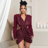 Women Fall Solid Sequined Long-Sleeved Elegant Patchwork Dress