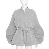 Women Fall/Winter Solid Casual Long-Sleeved Hoodies and Shorts Two-Piece Set