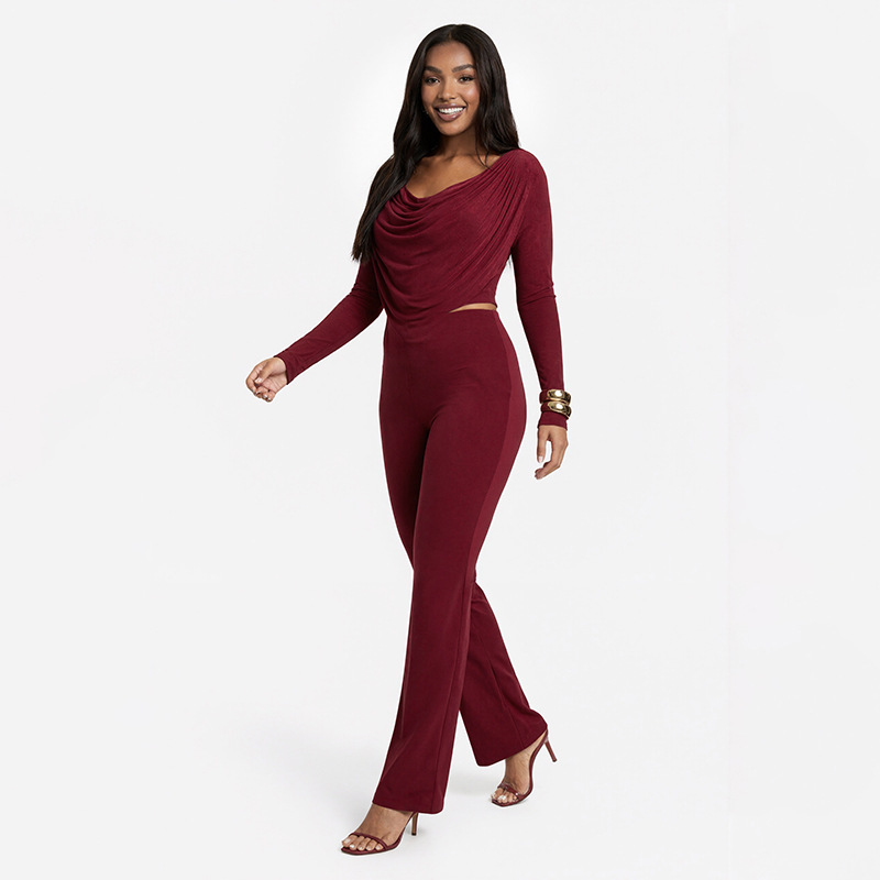 Women Fall Solid Casual Long-Sleeved Top and Pants Two-Piece Set