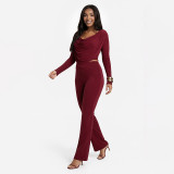 Women Fall Solid Casual Long-Sleeved Top and Pants Two-Piece Set