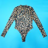 Women Sexy Leopard Print See-Through Bodysuit and Slit Skirt Two-Piece Set