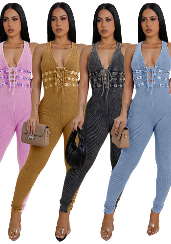 Women Washed Sleeveless Ribbed Jumpsuit