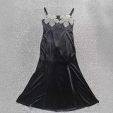 Women Black Velvet Floral Sequin Maxi Dress