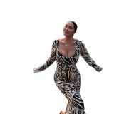 Women Fall Sexy Leopard Print U-Neck Long-Sleeved Dress