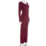 Women Fall Solid Casual Long-Sleeved Top and Pants Two-Piece Set