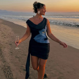 Women Sexy Backless Swing Neck Printed Side Ribbon Bodycon Dress