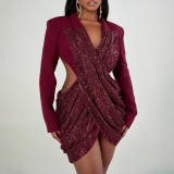 Women Fall Solid Sequined Long-Sleeved Elegant Patchwork Dress