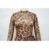 Women Sexy Leopard Print See-Through Bodysuit and Slit Skirt Two-Piece Set
