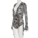 Women Fall Gradient Leopard Print Long-Sleeved Backless Top and Shorts Two-Piece Set