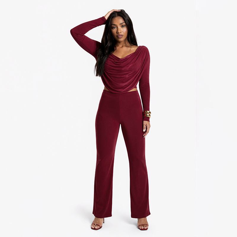 Women Fall Solid Casual Long-Sleeved Top and Pants Two-Piece Set