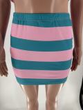 Women Autumn Contrast Striped Shirt Collar Crop Top and Skirt Two-Piece Set