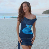 Women Sexy Backless Swing Neck Printed Side Ribbon Bodycon Dress