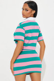 Women Autumn Contrast Striped Shirt Collar Crop Top and Skirt Two-Piece Set