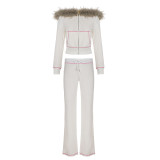 Women American-Style Fall/Winter Sport Velvet Letter Print Fur Collar Hooded Long-Sleeved Jacket and Pants Two-Piece Set