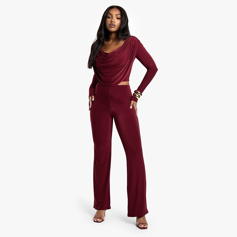 Women Fall Solid Casual Long-Sleeved Top and Pants Two-Piece Set