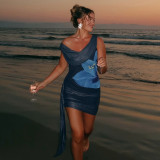 Women Sexy Backless Swing Neck Printed Side Ribbon Bodycon Dress