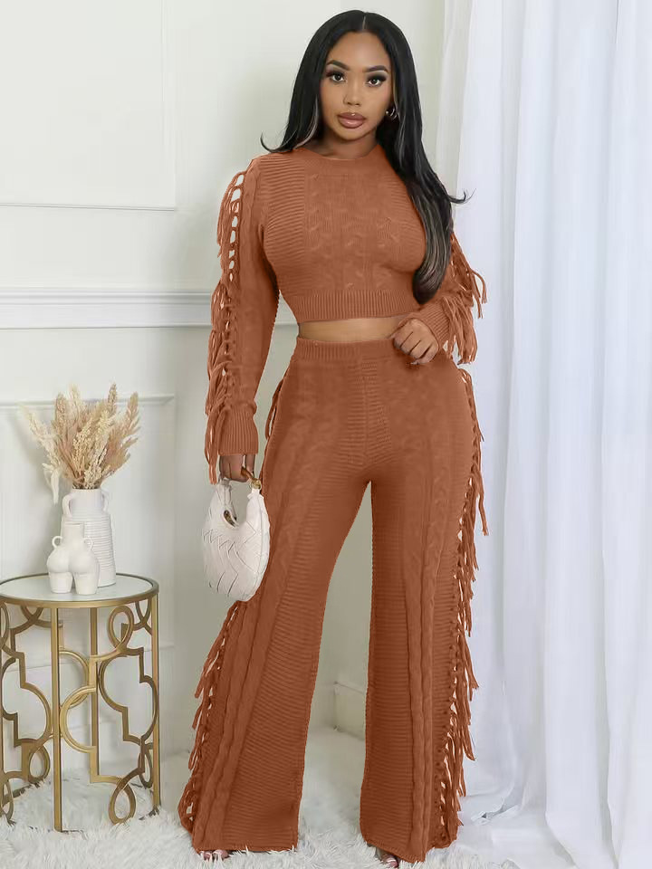 Women Casual Solid Knitting Long-Sleeved Tassel Top and Pant Two-Piece Set