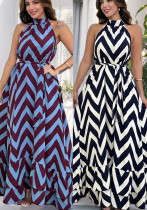 Women Sexy Sleeveless Stand Collar Wave Stripe Print Summer Maxi Dress