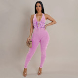 Women Washed Sleeveless Ribbed Jumpsuit