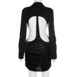 Women Fall Solid Sequined Long-Sleeved Elegant Patchwork Dress
