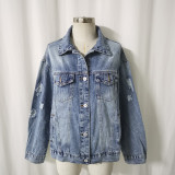 Women Ripped Long-Sleeved Denim Jacket