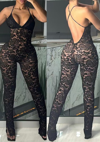 Women Summer Sexy V-Neck Backless Lace See-Through Jumpsuit
