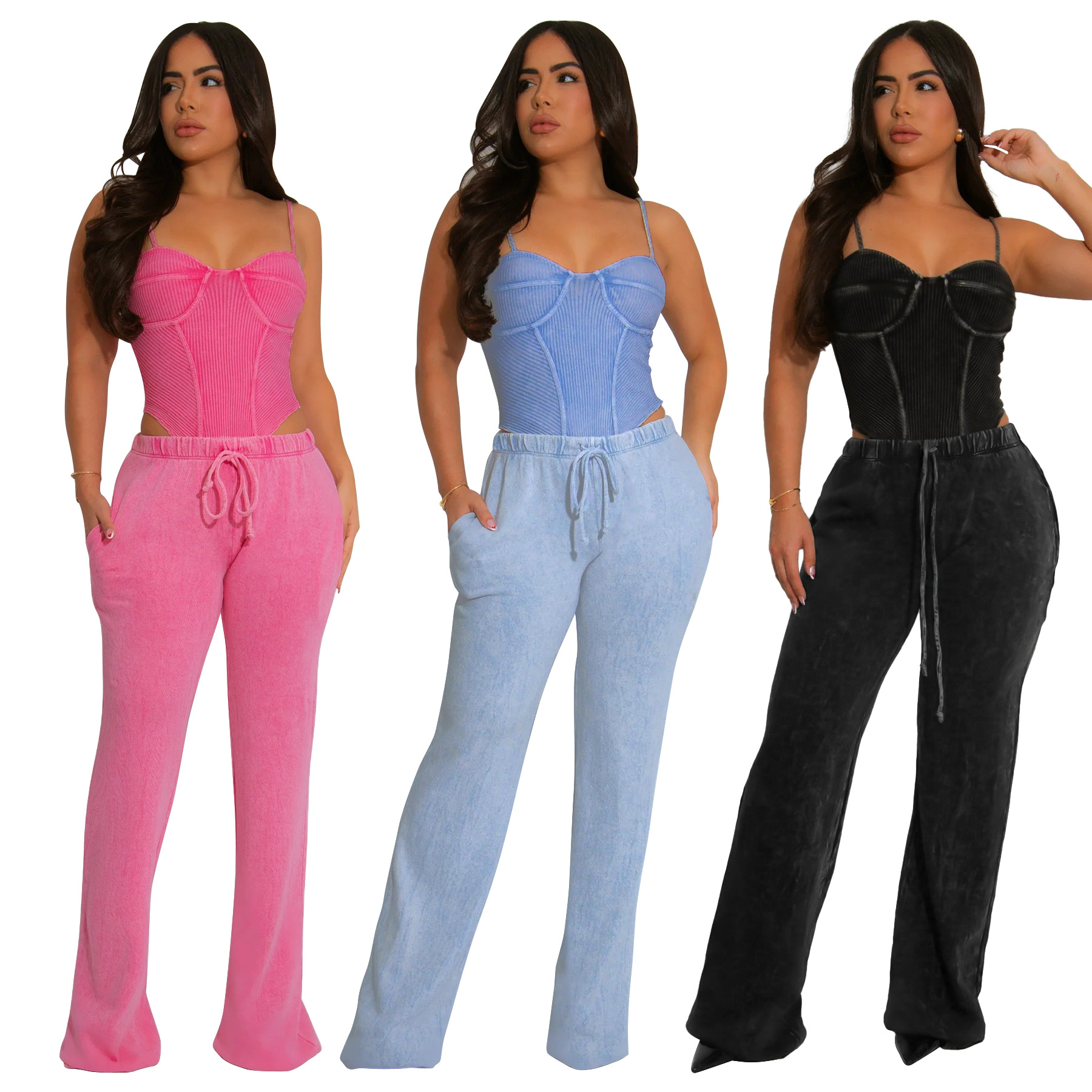 Women Sexy Cotton Washed Strapless Top and Pant Two-Piece Set