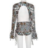 Women Fall Gradient Leopard Print Long-Sleeved Backless Top and Shorts Two-Piece Set