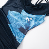 Women Sexy Backless Swing Neck Printed Side Ribbon Bodycon Dress