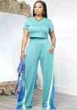 Women Casual Top and Colorblock Pant Two-Piece Set