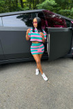 Women Autumn Contrast Striped Shirt Collar Crop Top and Skirt Two-Piece Set