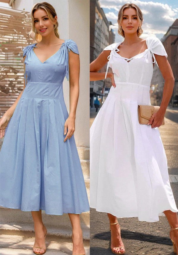 Women Elegant V-Neck Lace-Up Summer Dress